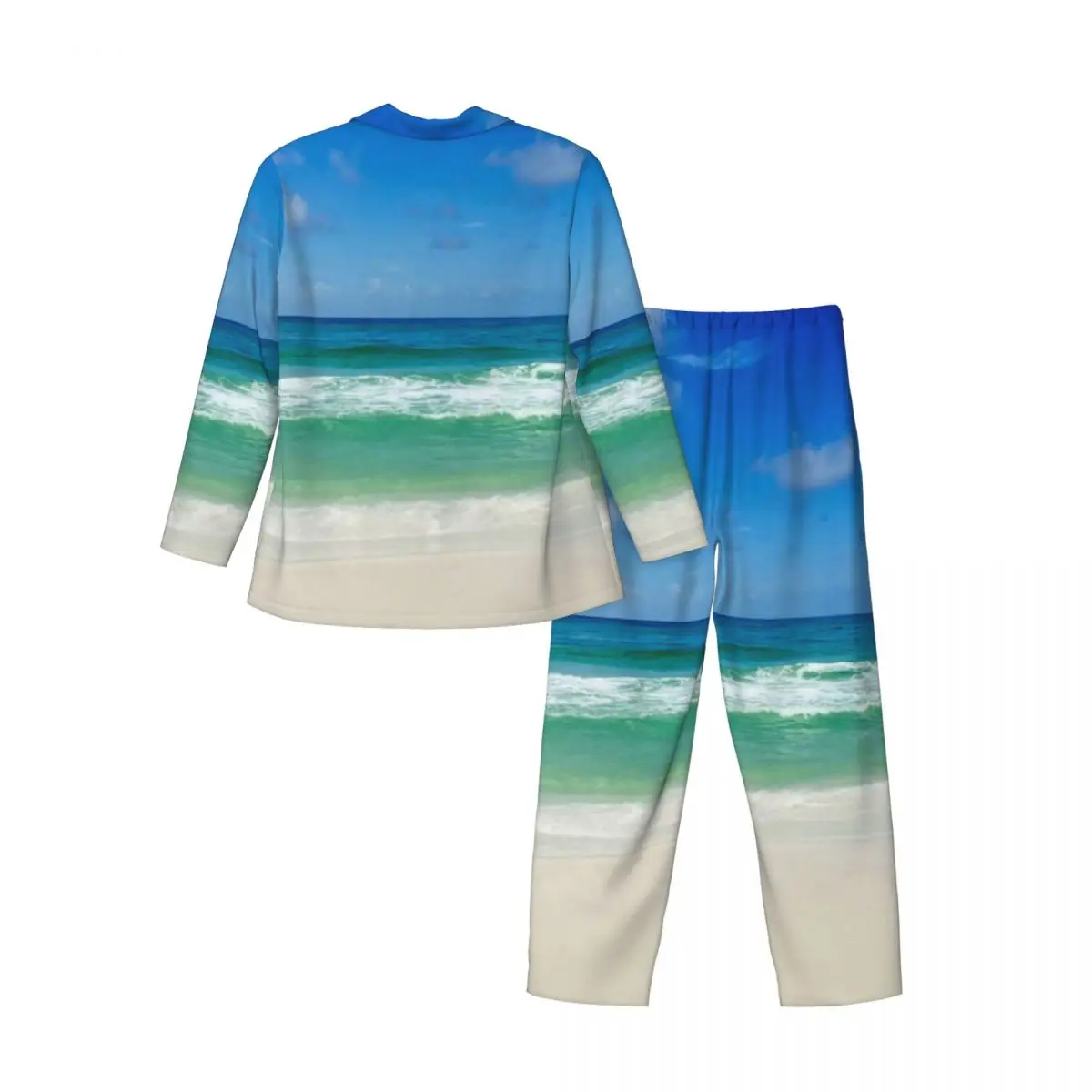 Pajamas Men Beach Photography Sleep Sleepwear Blue Skies With Waves 2 Pieces Casual Pajama Sets Long-Sleeve Oversized Home Suit