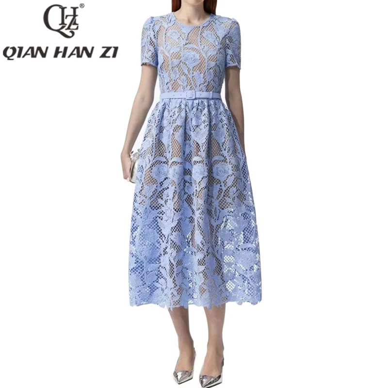 

QHZ New Designer Fashion Party dress Women short sleeves Retro Hollow out Embroidery high quality Elegant Belt slim Midi Dress