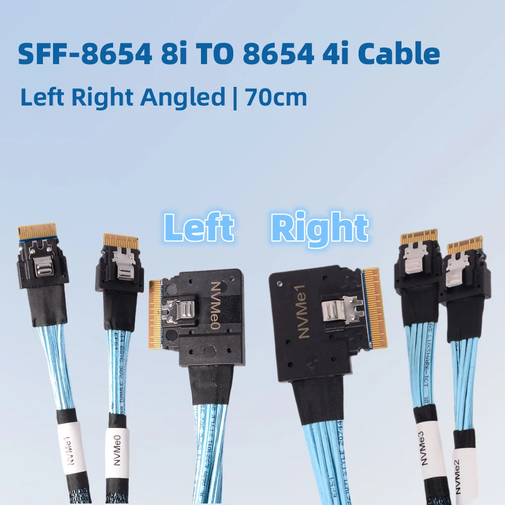 

90 Degrees Left Right Bend Slim SFF-8654 8i To x2 8654 4i SAS Built-in Server Array Data Cables Split in Half 2.5 HDBP SSD SLOT