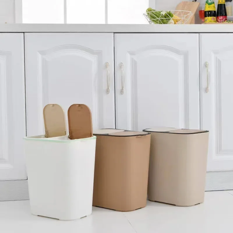 Trash Can Dual Compartment Sorting Bin Push-Button Plastic 12L Recycling Waste Collector Rectangle Garbage Can Compact