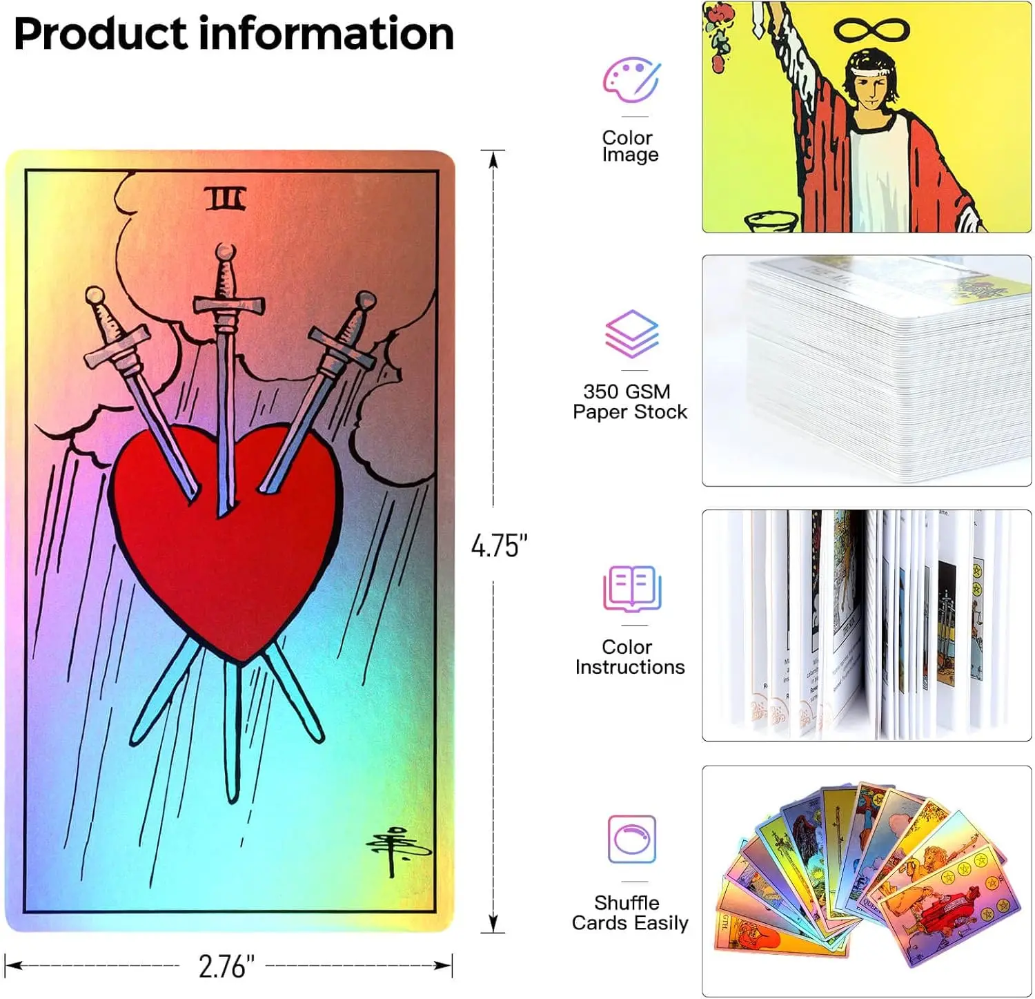 Regenbogen-Tarotkarten-Set, Tarotkarten für Anfänger, Holografisches Tarot-Deck, 78 Stück, Englisch, Für Spirituelles Wachstum – Detail 4