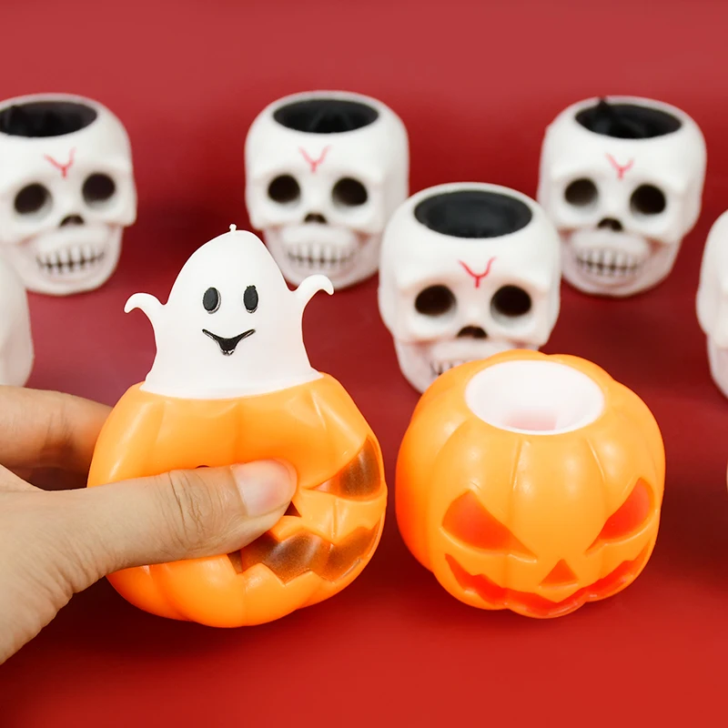 Halloween Pumpkin Ghost Skull Extrusion Toys Creative Cartoon Stress Relief Toy For Kid Birthday Party  Squeeze Bouncy Ball Gift