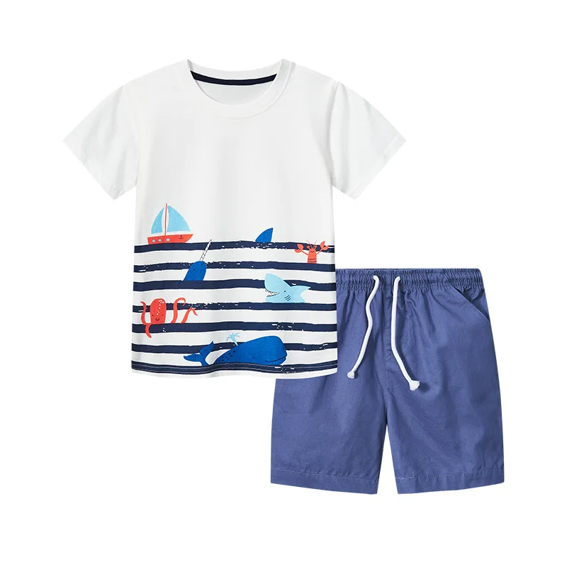 

Boys Fashion Suit Summer Children's Woven Shorts Two-Piece Cartoon Printed round Neck Children's SuitAosd