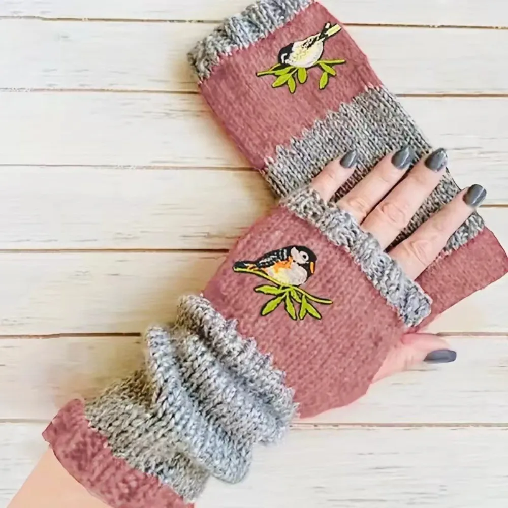 New Fashion Embroidered Bird Gloves Women's Winter Warm Cotton Fingerless Gloves Knitted Block Stitching Mittens