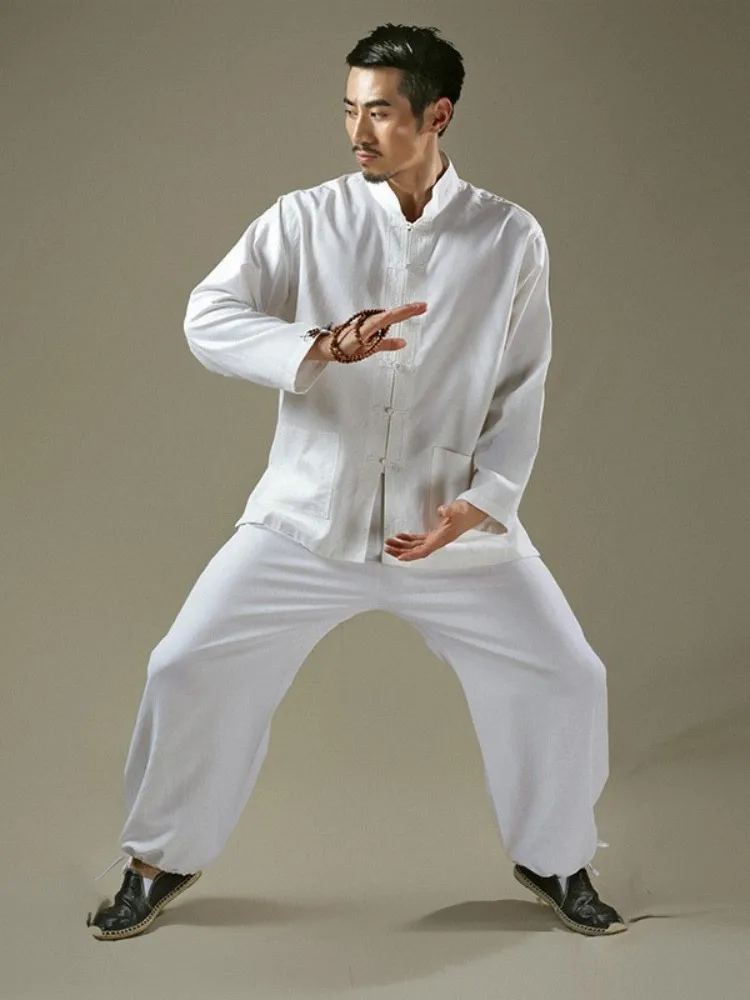 Spring Autumn Mens Taichi Training Two Piece Set Cotton Linen Kungfu Martial Arts Set Long Sleeve Wushu Tracksuit Sportswear Men