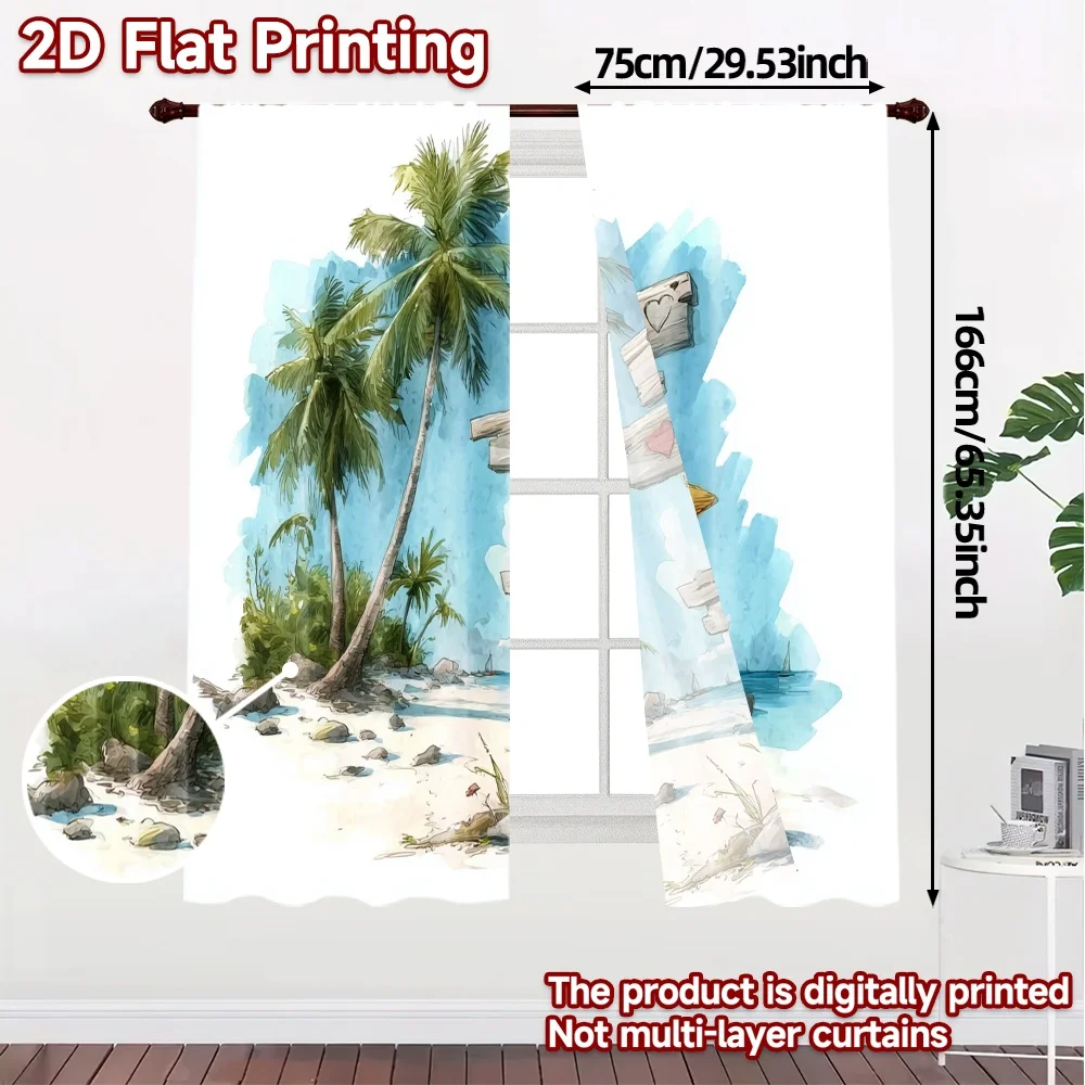 2pcs, 2D FLAT PRINTING Curtains (Without Rod) Beach Paradise Pattern Modern Curtains Durable Polyester Curtains Decorations For