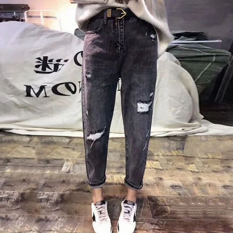 Distressed Retro Jeans Women's Spring Autumn 2024 New Korean High Waisted Straight Leg Harun Cropped Pants High Street Pants