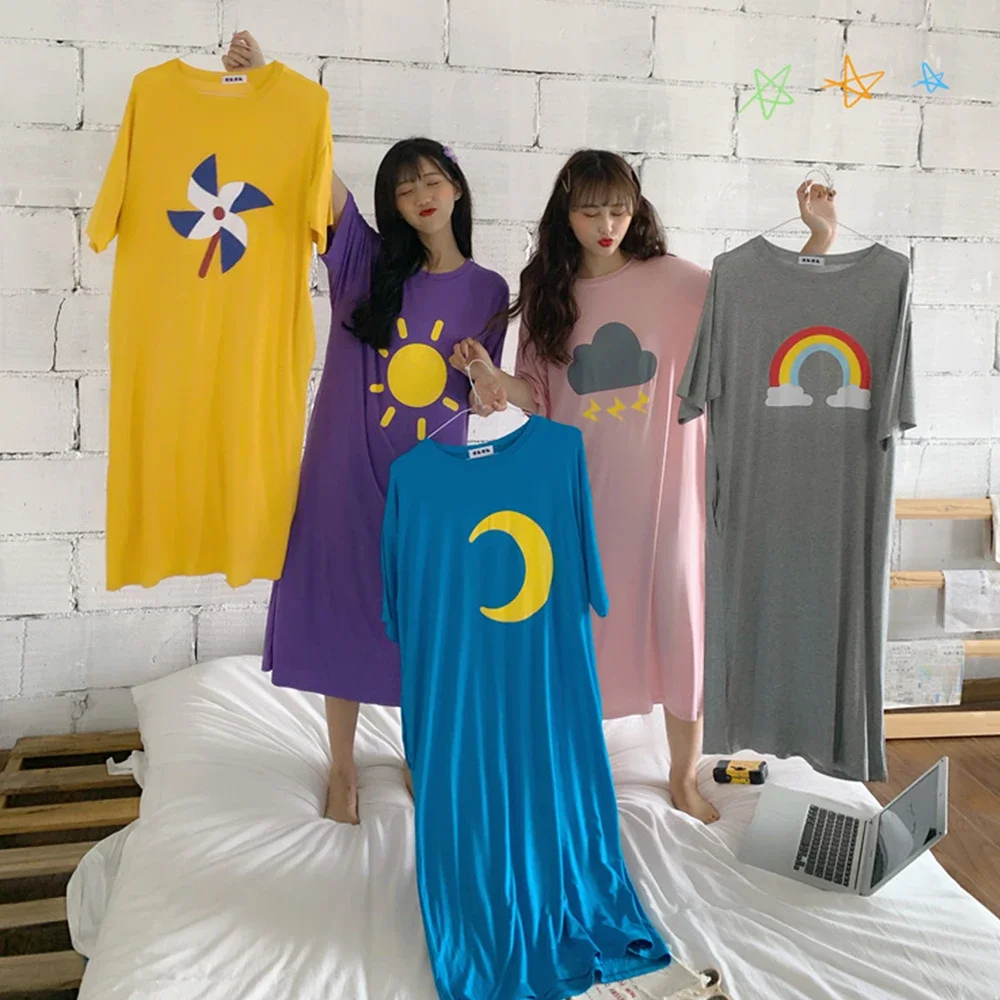 Women\'s Sleepwear Weather Print Nightdress Korean Style Sexy Nightgowns Loose Cute 2024 Spring Summer New Oversized