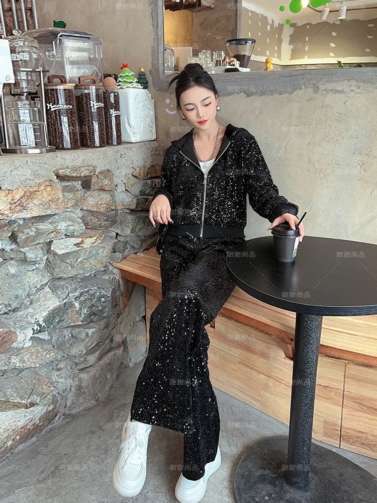 Fashion Sequin Two Piece Se Women Hooded Coat High Waist Wide Leg Pants Vintage Outfit 2024