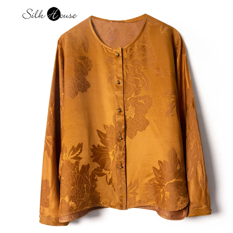 2025 Women's Fashion Spring New Gold Peony Round Neck 100% Natural Mulberry Silk Gambiered Guangdong Gauze Long Sleeve Shirt