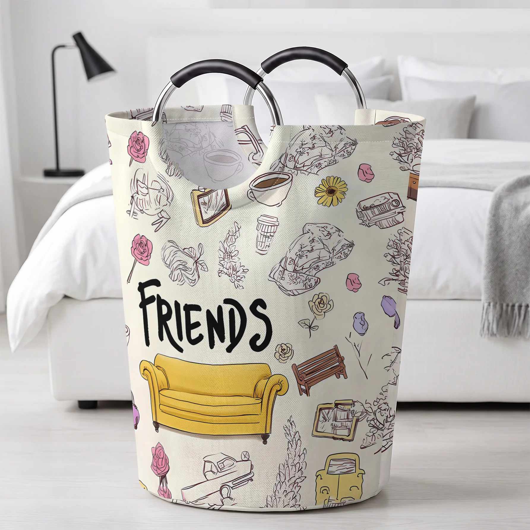 FRIENDS Yellow Sofa Sketch Elements All Over Print Handheld Storage Basket, For Laundry, Bedroom & Home Sundries Storage