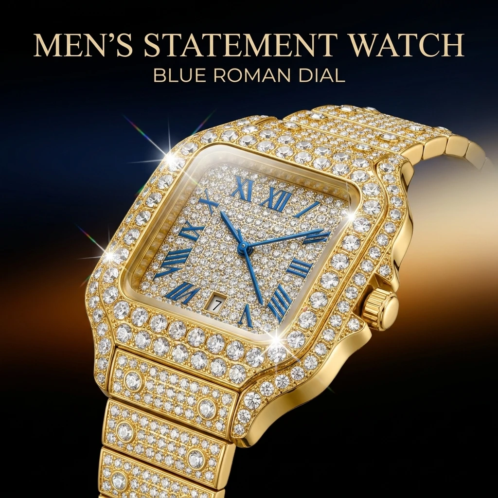 Men's square plate reading watch, block face splicing shape strap, light luxury collection style