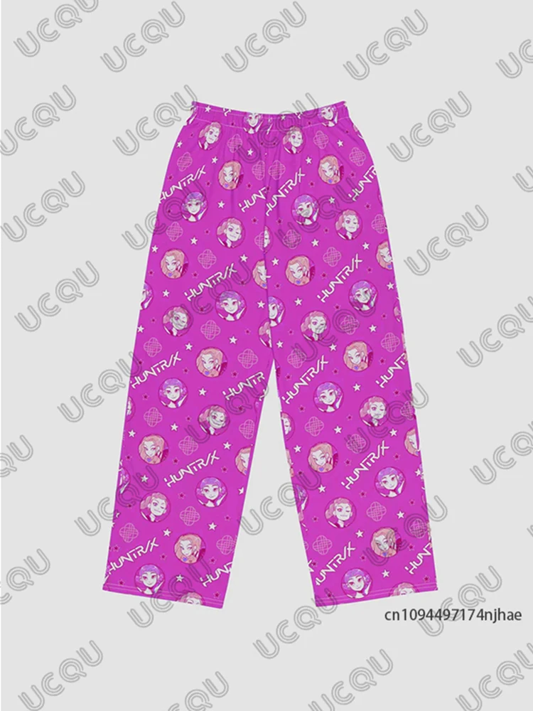 Spodnie piżamowe KPop Demon Hunters Huntrix z grafiką, kreskówkowe, codzienne, damskie i męskie, jesienno-zimowe, modne spodnie długie dla par.