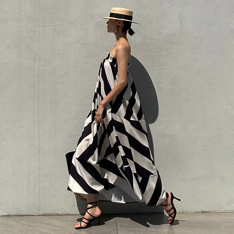 Chic Summer Vaion Sle Off-oulder Color Blo Geometric Pattern Loose Casual Wrap Dr Women's Long Svel Gown