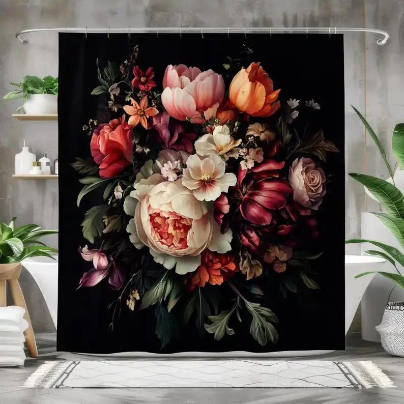 

Retro Dark Floral Shower Curtain with Black Red Pink Pattern, Waterproof Artistic Bathroom Decor for Elegant Homes