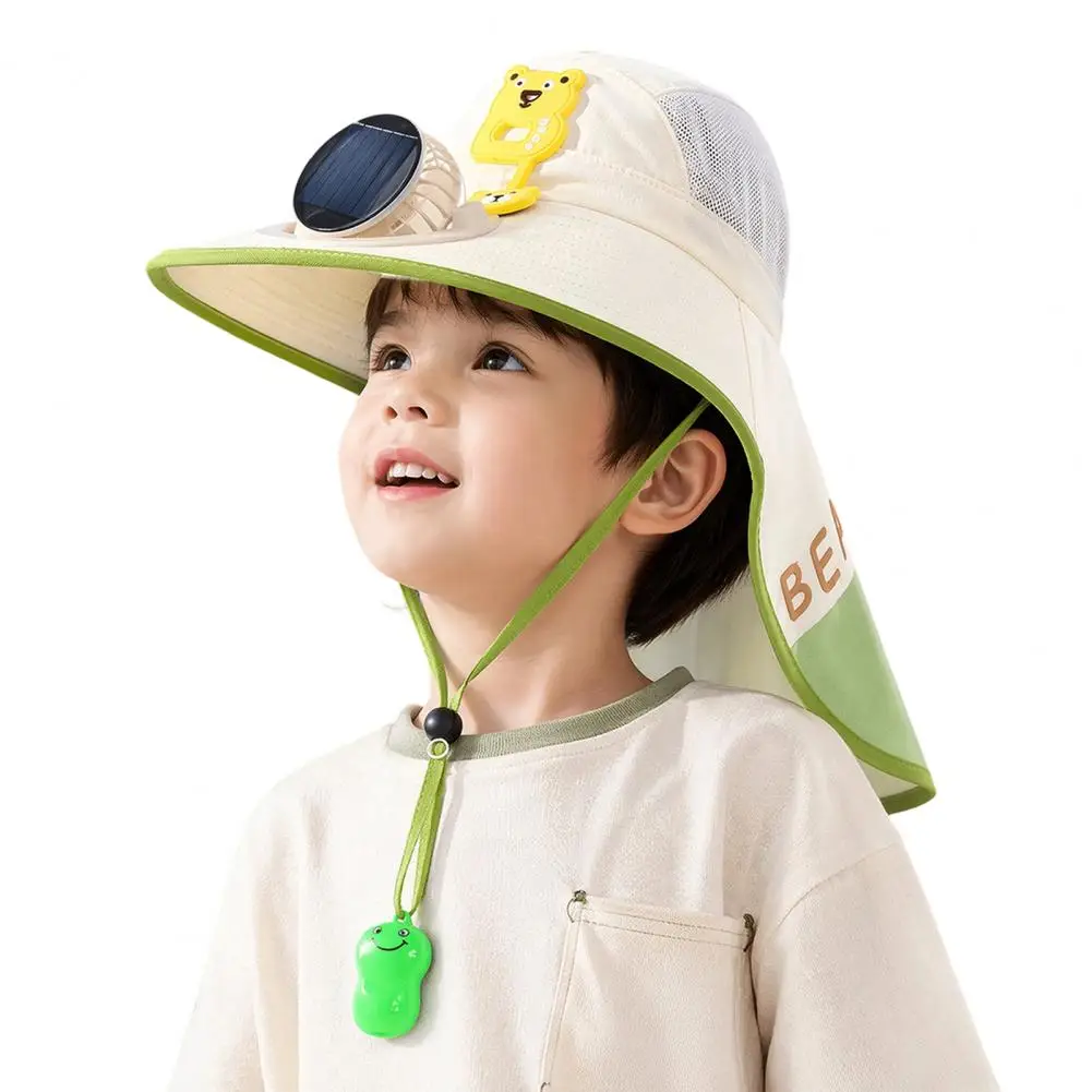 Children Sun Hat with Neck Cover Kids Sun Cap with Built-in Solar Fan Wide Brim Sun Protection Hat Breathable Mesh Summer Hat