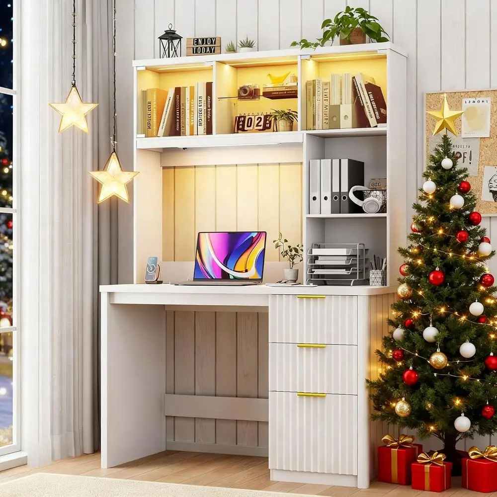 

LED-Illuminated Desk with Storage Hutch, Charging Station, and Glass Cabinet for Home Office or Study