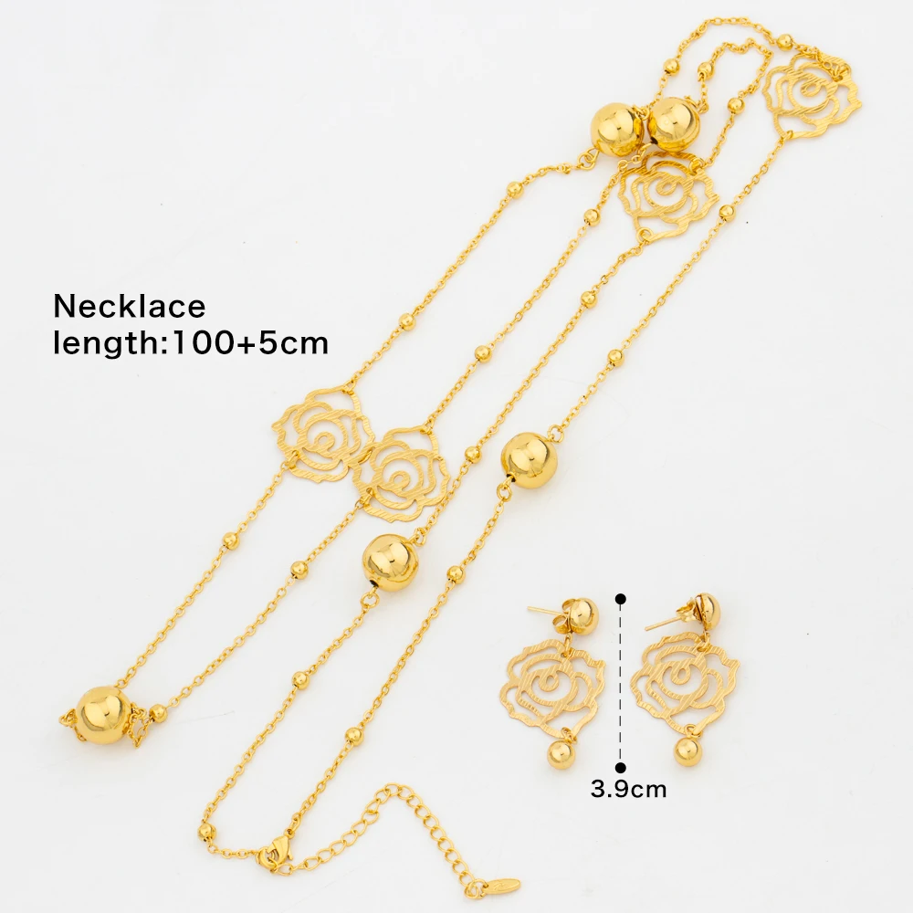 2023 New Dubai Gold Color Bead Chain for Women Rose Flower Earrings Pendant Copper Luxury Necklace Jewelry Set Bride Long Chain