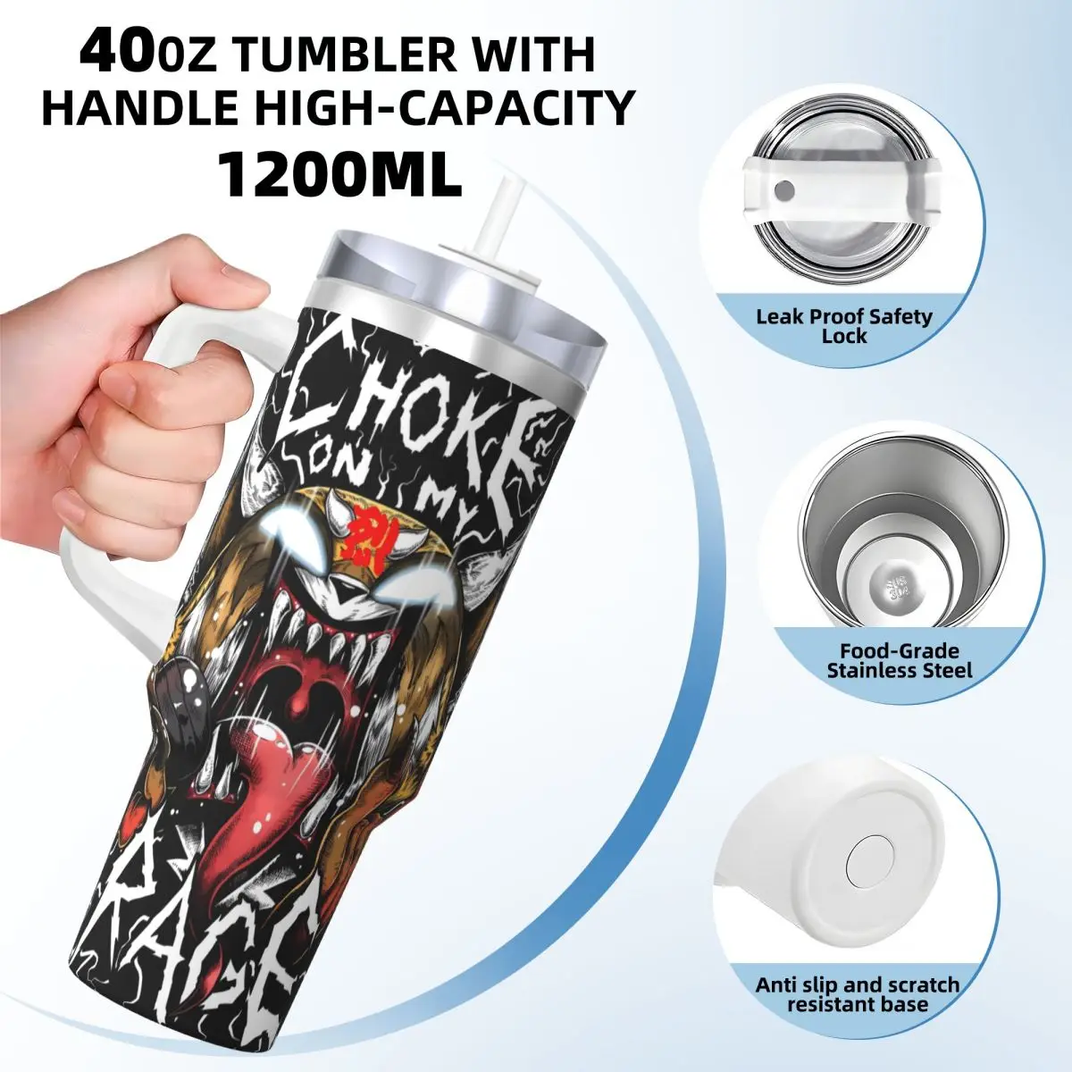 Aggretsuko Choke On My Rage Stainless Steel Tumbler Beach Thermal Mug With Straws and Lid Large Mugs Cold and Hot Water Bottle