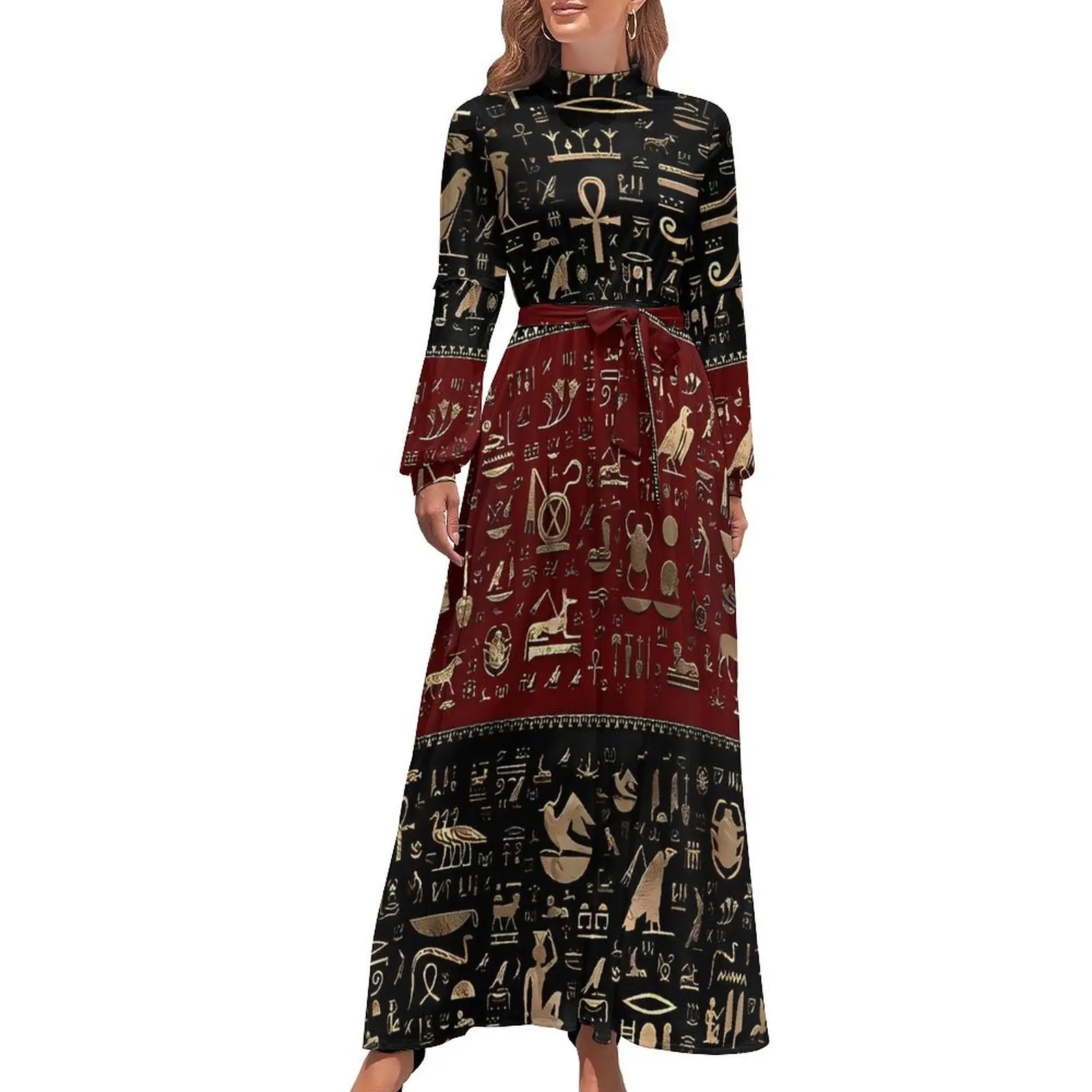 Ancient Egyptian Art Hieroglyphs Dress Long Sleeve Black Red Maxi Dress High Waist Stylish Bohemia Long Dresses Birthday Gift