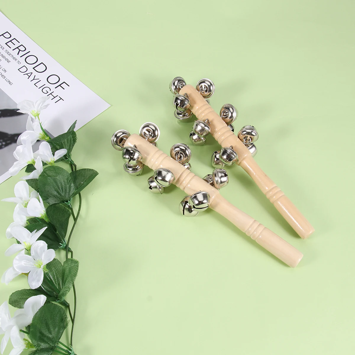 2pcs Wooden Beads Bar Hand Rattle Baby Teether Beech Wood Bell For Kids 4 Rows 13 Bells Lightweight Safe Natural Wood Infant