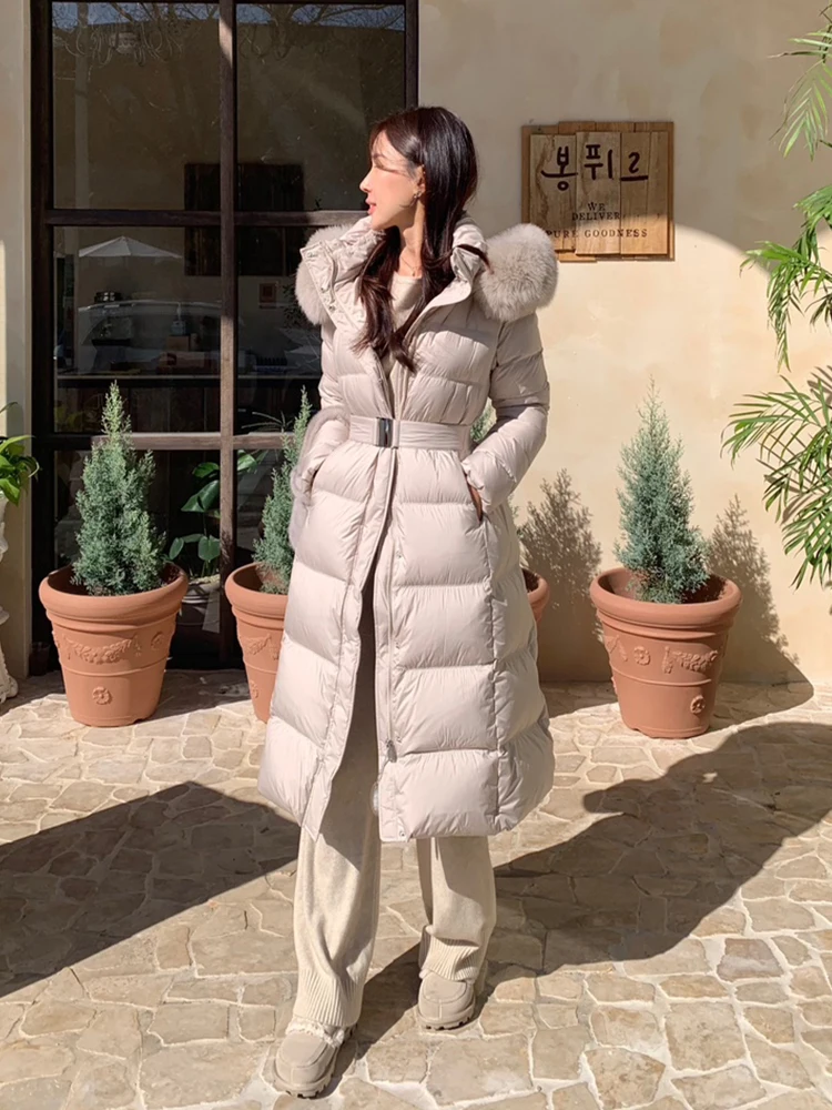 Unten Mantel Frauen Winter Echt Fox Pelz Kragen Mit Kapuze Pelz Jacke Dicke Herbst X-lange Weiße Ente Unten Jacke überwäsche