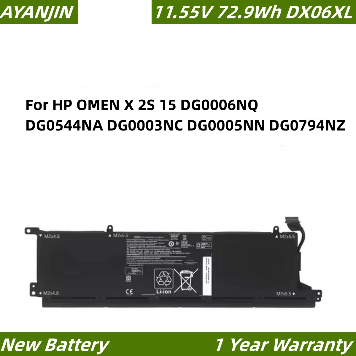 11.55V 72.9Wh 6000mAh DX06XL Laptop Battery For HP OMEN X 2S 15 DG0006NQ DG0544NA DG0003NC DG0005NN DG0794NZ