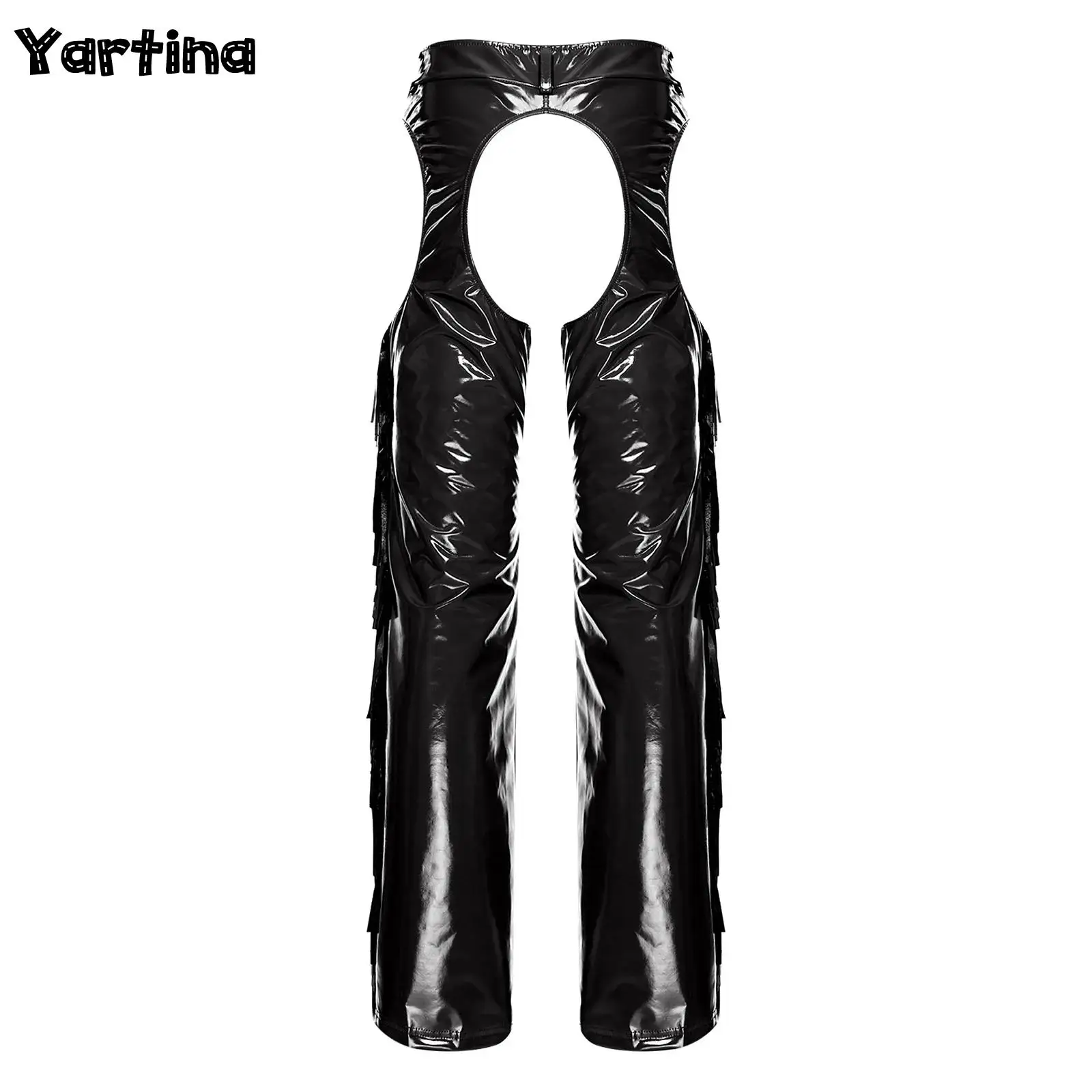 

Mens Shiny Tassel Side Seams Wide Leg Long Pants Glossy Chaps Latex Pants Hollow-out Crotch And ThighsCowboy Party Clubwear