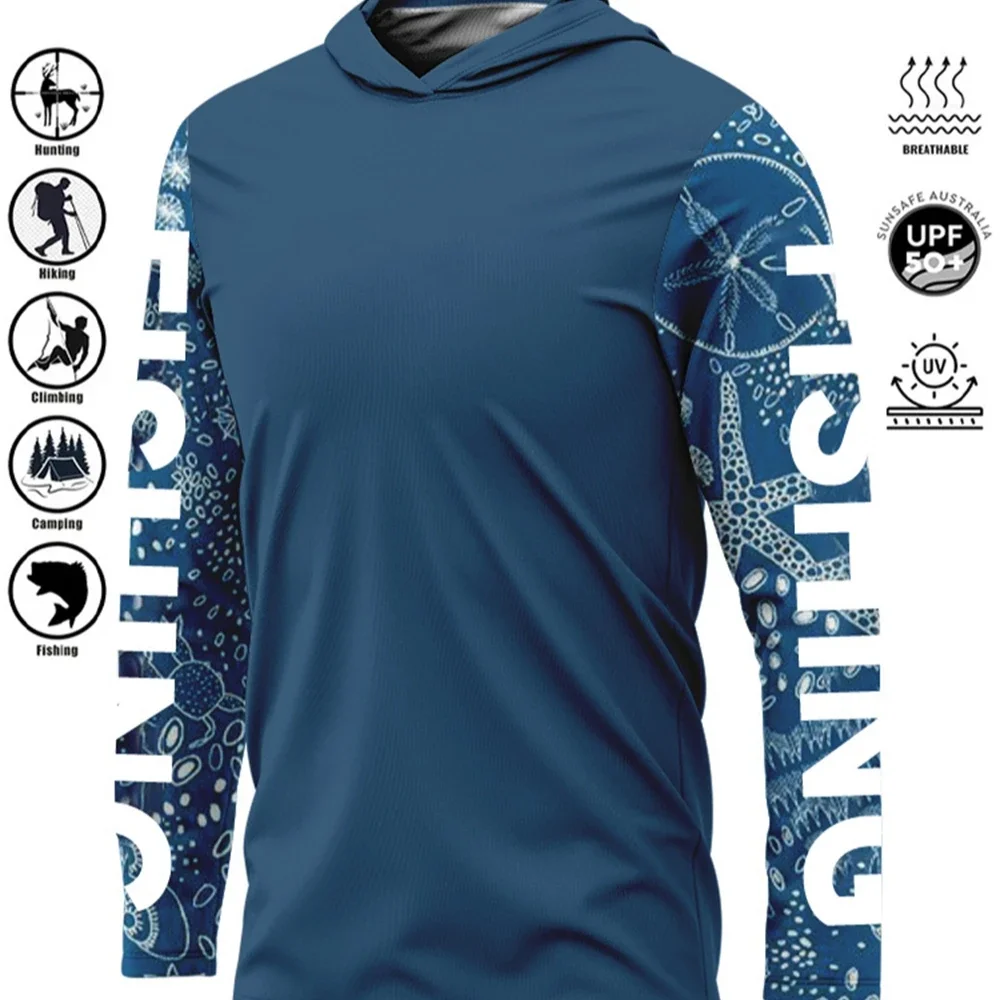 2024 Fishing Shirts Hooded Shirt Uv Protection Man Outdoor Motion Fashion Sea Wave Print Moisture Wicking Fishing Apparel Tops