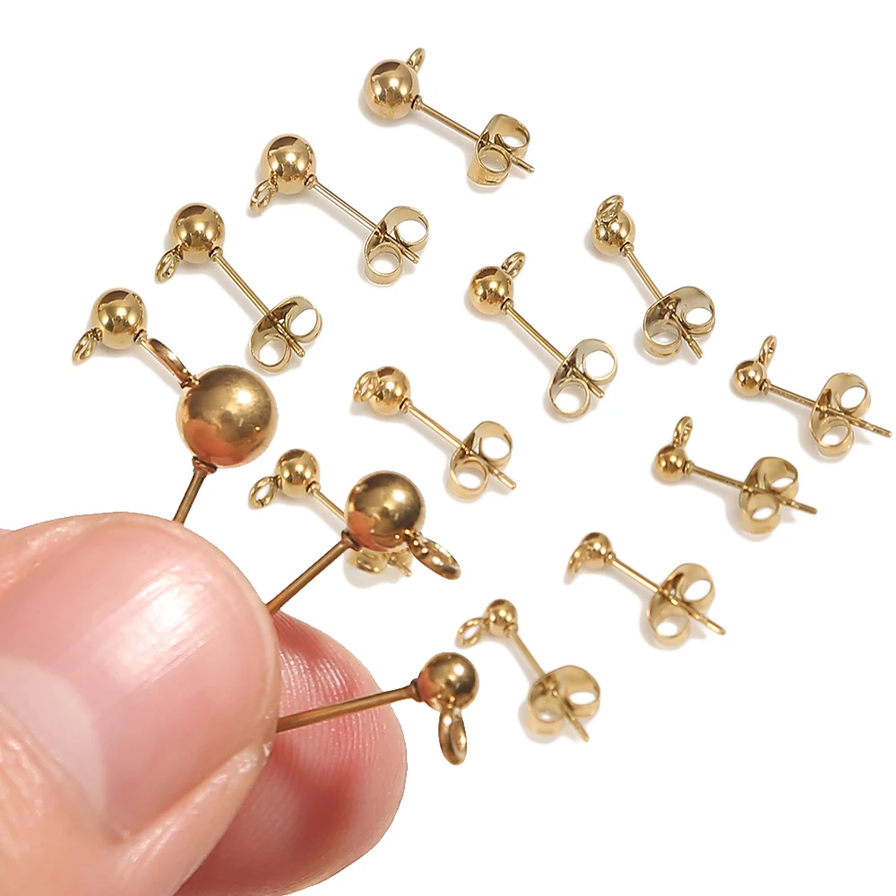 20PCS Gold Plated Round Ball Earring Stud Bases Blank Stainless Steel Post Pins with Ear Backs Findings Wholesale Jewelry Making