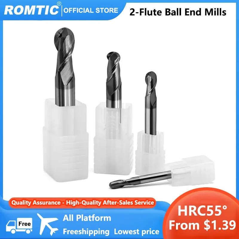 ROMTIC HRC55 2-Flute Milling Cutter Tungsten Steel Carbide End Mill CNC Mechanical Black Nano Coating Ball Endmills Tools