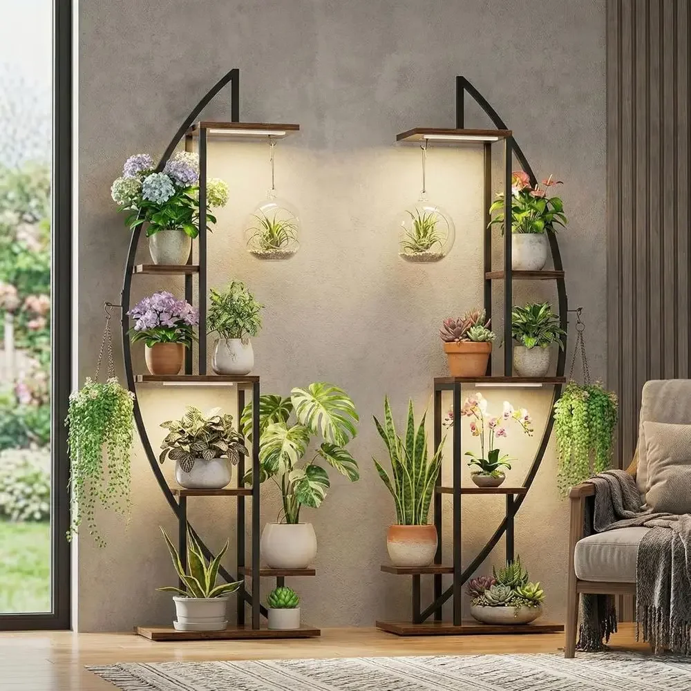 2-Piece Indoor Plant Stand with 6 Tiers and Grow Lights, 63 Tall Metal Rack for Multiple Plants, Ideal for Living Room or Patio