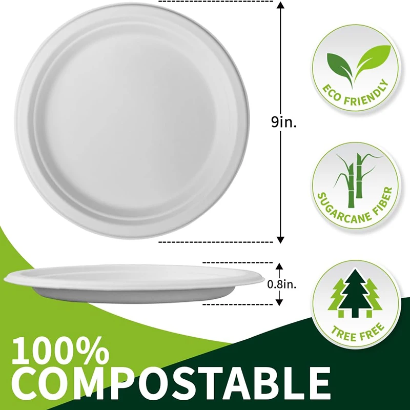 ¡Marque tu picnic navideño! 50 platos desechables blancos de 9 pulgadas, elección ecológica para comedor al aire libre sin complicaciones.