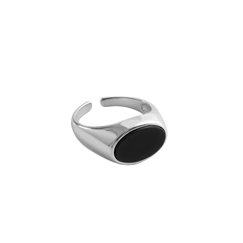 Foxanry Silver Color Ellipse Black Zircon Rings For Women Couples Fashion Personality Simple Hip Hop Classic Daily Party Jewelry