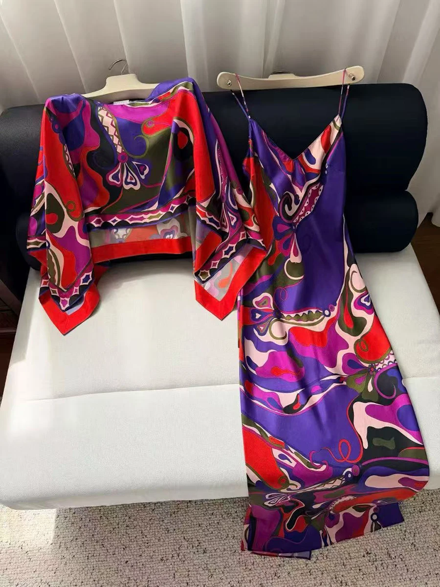 VGH Light Blue Abstract Print Two Piece Set for Women Bodycon Dress Suit with Boat Neck Loose Design Cape for Wedding Guest Gala view 6