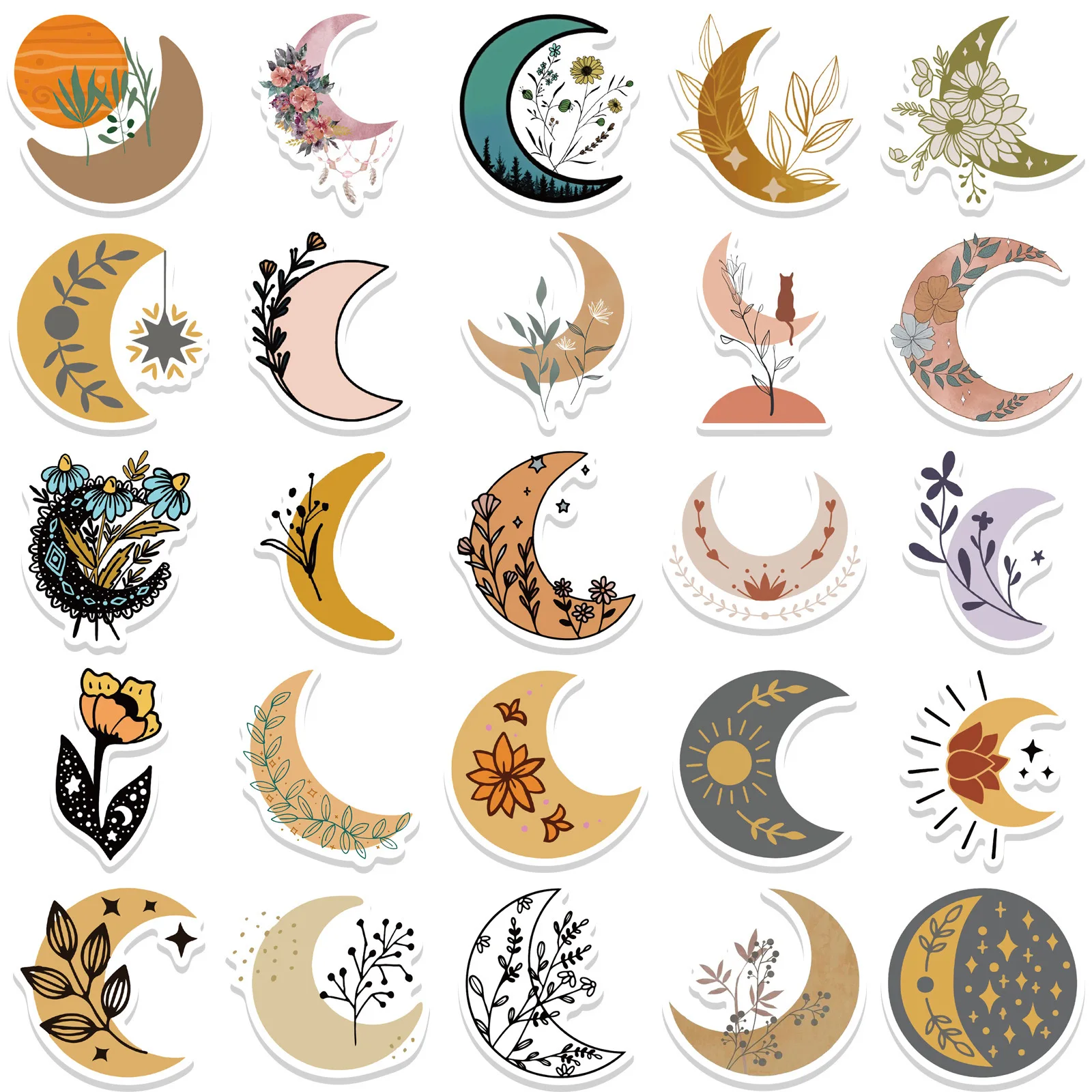 10/50/100PCS Vintage Sun Moon Flower Stickers Aesthetic Ins Decals DIY Scrapbooking Notebook Laptop Luggage Car Graffiti Sticker