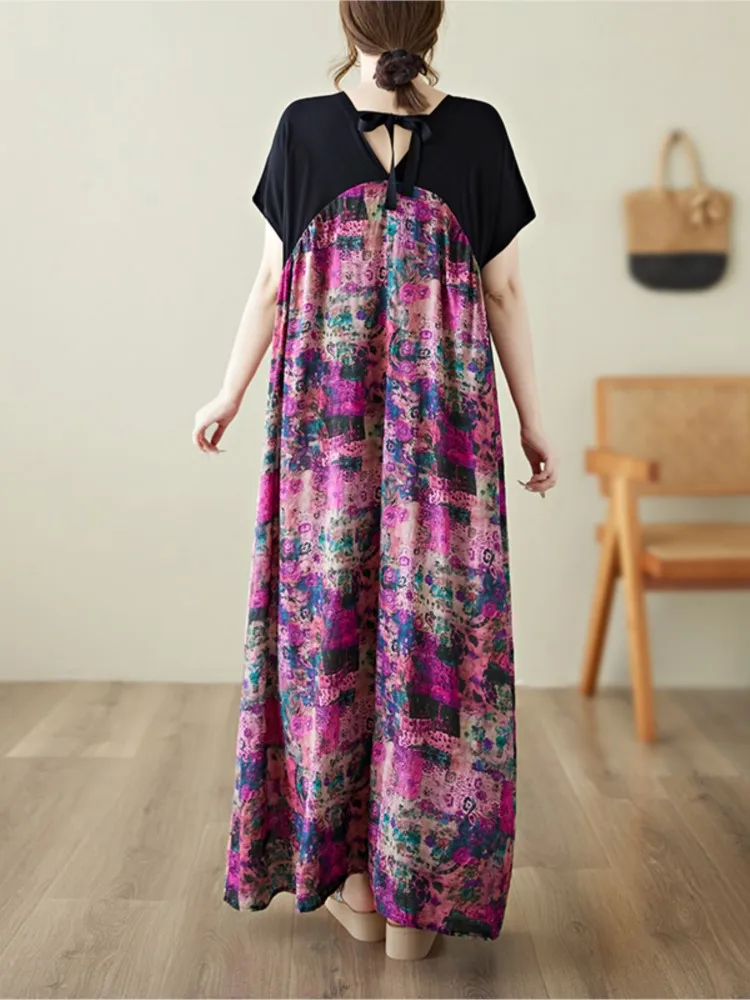 特大夏の V ネックドレス女性花花柄パッチワークファッションフリルルーズレディースドレス A ラインカジュアル女性ドレス