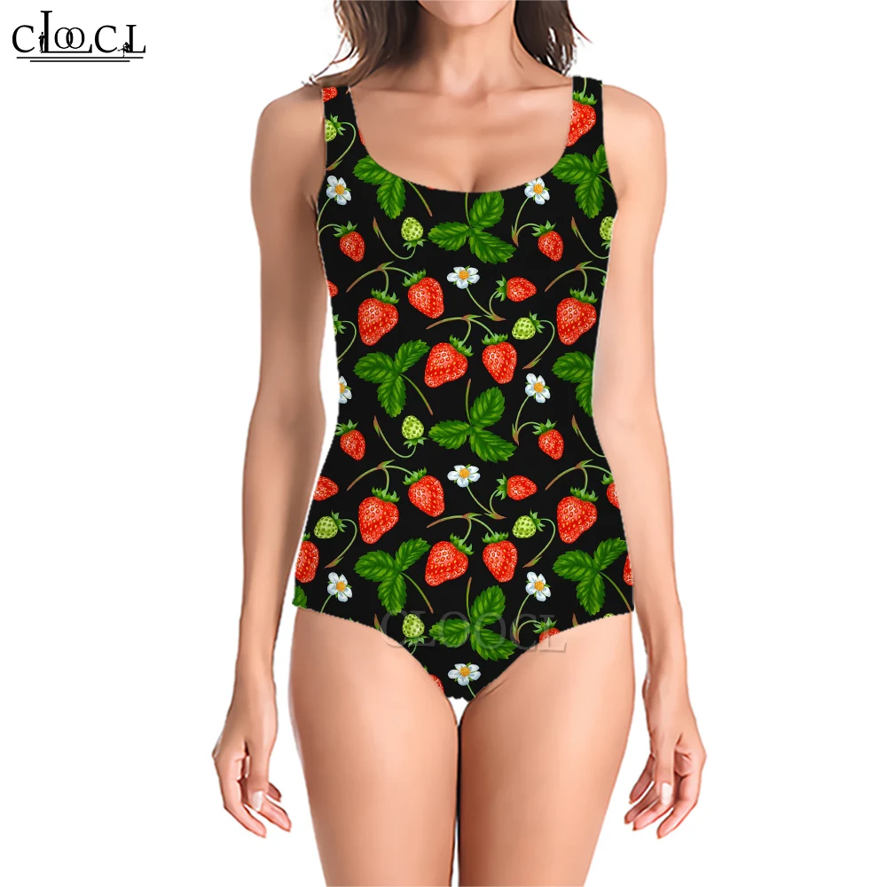 CLOOCL Harajuku One-Piece Swimsuit Tasty Strawberry Fruit Print Bathing Suit Monokini Sleeveless Cooling Swimming Wear