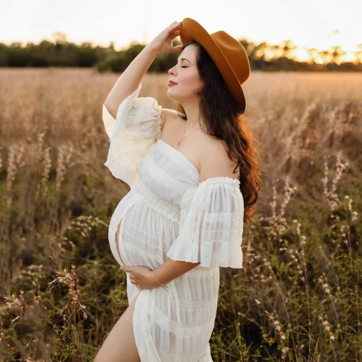 Pleated Chiffon Maternity Photo Shoot Dress White Ruffles Chiffon Pregnancy Photography Props Dress