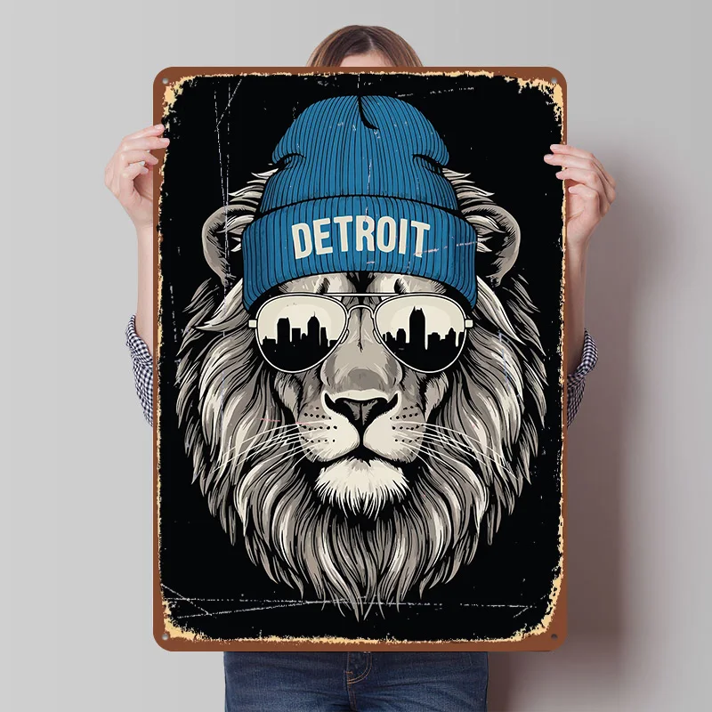 Detroit Lion With Beanie and Sunglasses Poster Customized Wall Art Vintage Metal Signs Retro Tin Plaque for Man Cave Home Decor
