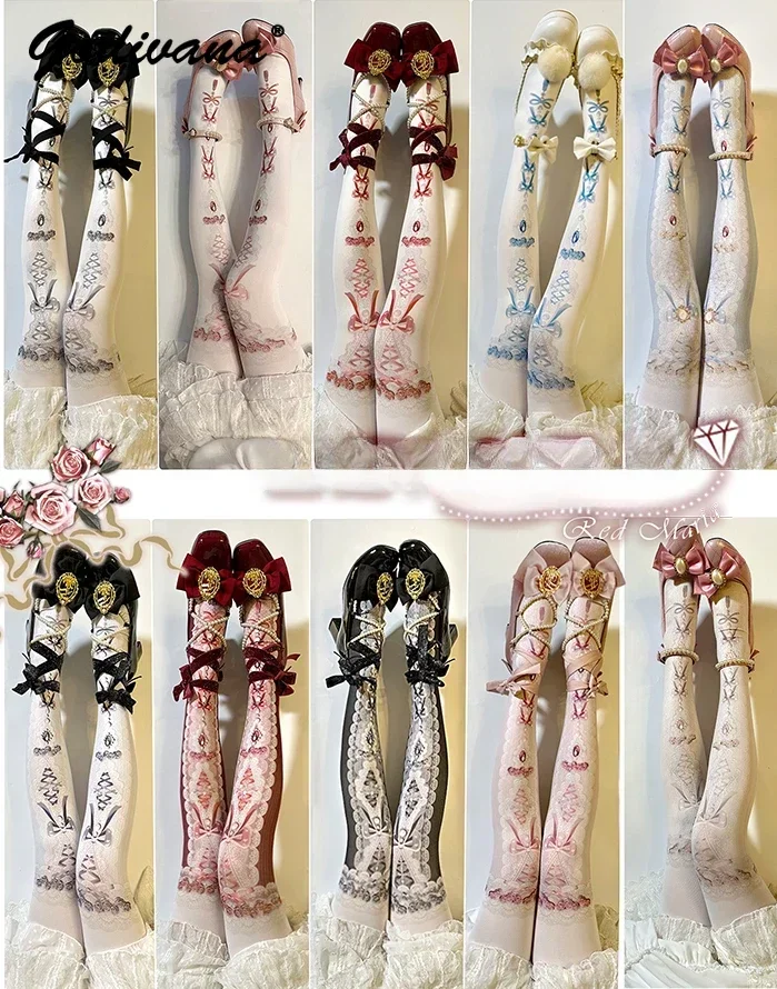 Japanese Lolita multi-color versatile retro court style print pantyhose spring autumn women's sweet wind stocking cosplay tights