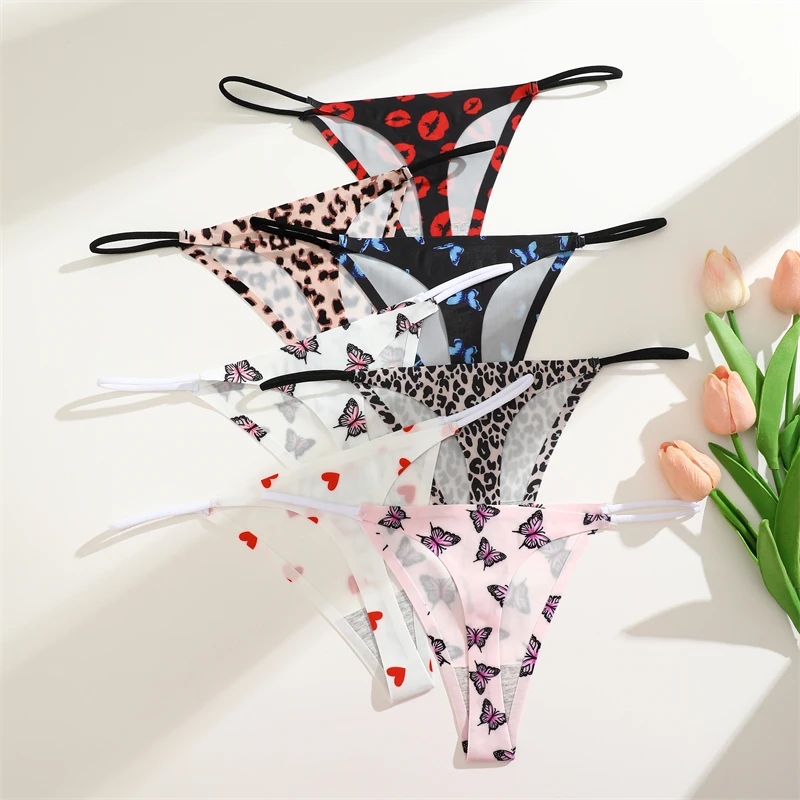 FINETOO 5Pcs Seamless Silk G String Leopard Women Panties Flower Bikini Female Sexy Thongs Comfortable Low-waist Lingerie XS-XL