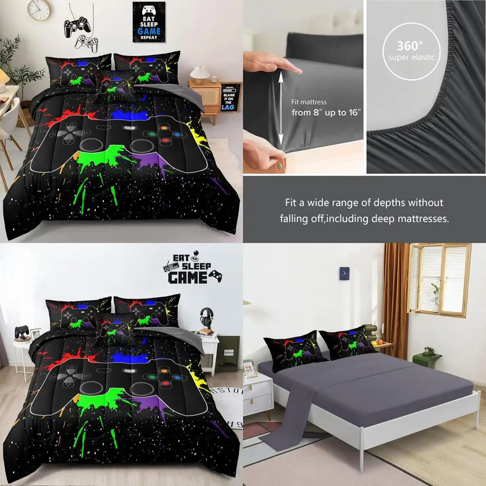 طقم سرير ألعاب مكون من 6 قطع بالحجم الكامل للأولاد طقم لحاف ألعاب للأولاد والبنات والأطفال والمراهقين سرير مكون من 6 قطع في حقيبة سرير ألعاب فيديو