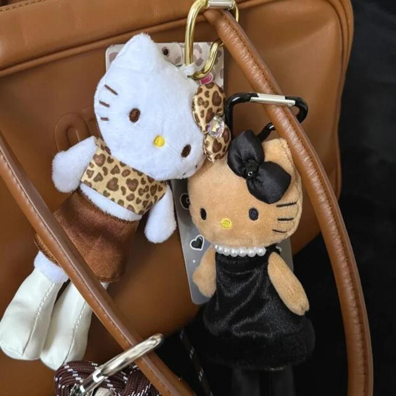 10 cm schwarzer Leopardenmuster-Katze-Plüsch-Schlüsselanhänger, Cartoon-Motiv, niedlich, langbeinig, miauenrosa, Plüsch-Rucksack-Anhänger, Liebe, Schlüsselanhänger, Freund-Geschenke
