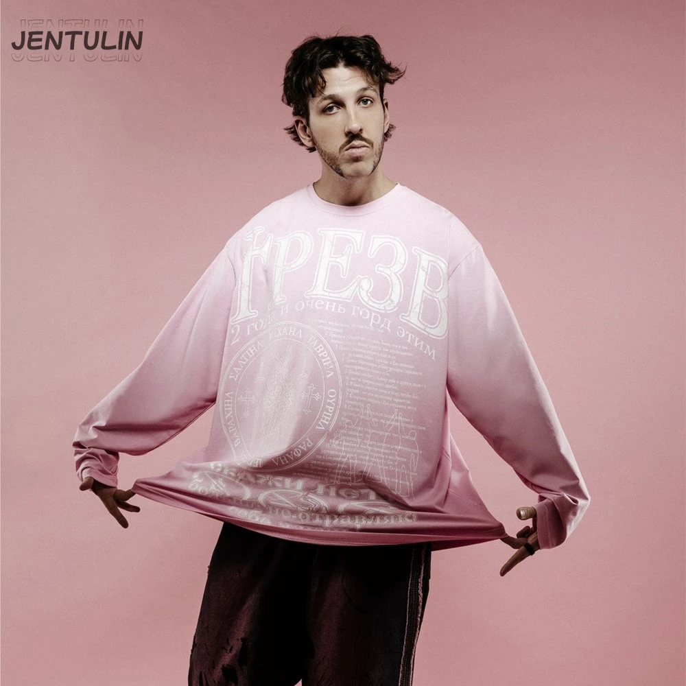 Oversized Men's Clothing Streetwear Трезв Print Autumn Hip Hop Korean Long Sleeve Y2k Top Cotton Graphic Unisex Pink Tshirt Goth image 5