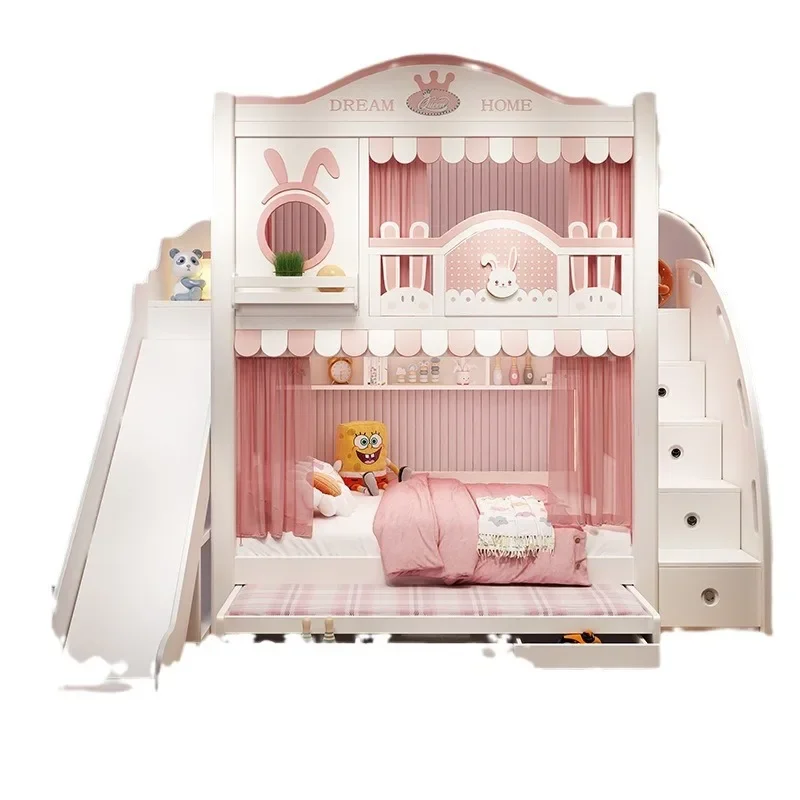 Rubber wood bunk bed, large storage, modern minimalist and playful design, suitable for bedrooms