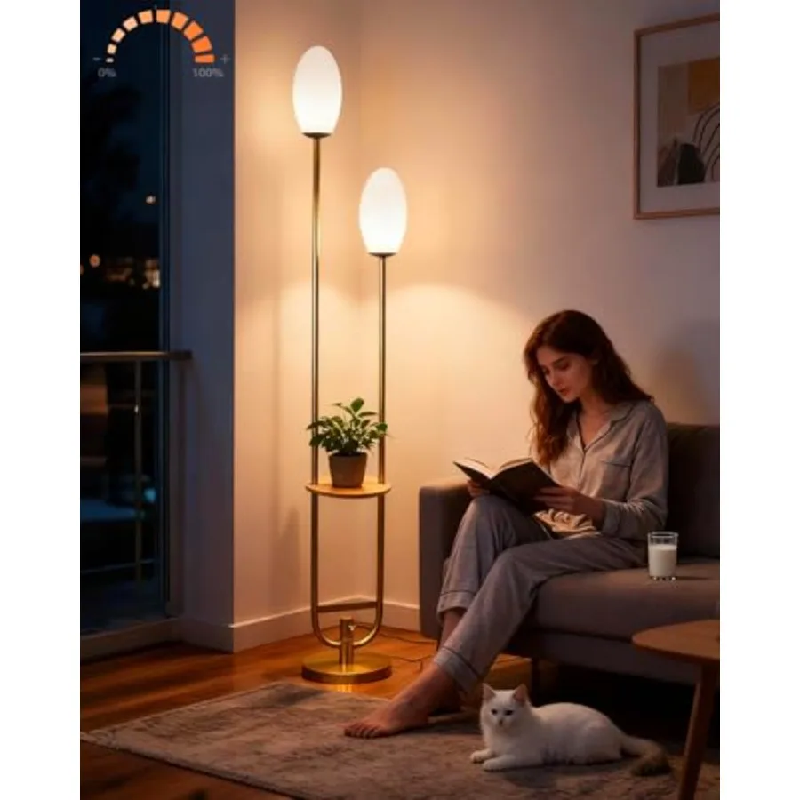 

Gold Dimmable Floor Lamp with Oval Bulbs Included Unique Tall Standing Lamps with Table Mid Century Modern Floor Lamp with 5Lbs