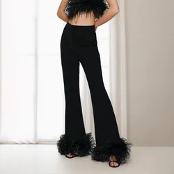 Solid Patchwork Feathers Slimming Pants For Women High Waist Spliced Button Casual Fashion Denim Trousers Female 2024