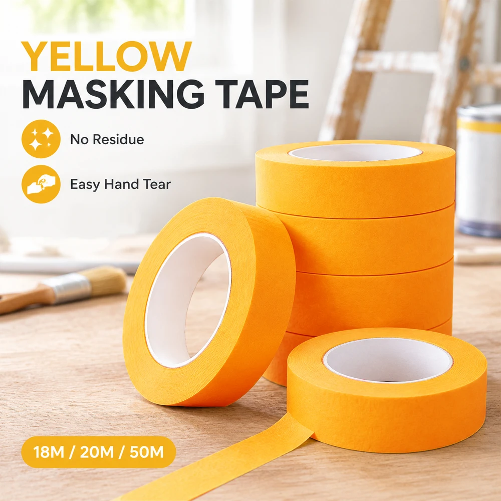 1-5Pcs Yellow Masking Tape 50M/20M/18M, Textured Paper Adhesive Tape for Car Paint Decoration, Seamless Hand Tear No Mark, Width