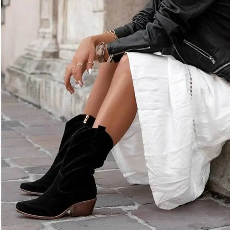 Apricot Suede Ankle Boots With Side Zip Chunky Heels Western Cowboy Boots